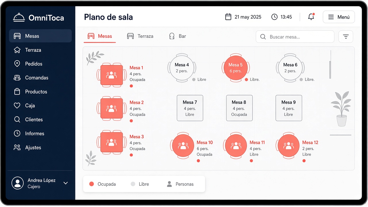 TPV OmniToca: mapa de mesas en la caja Master (iPad)